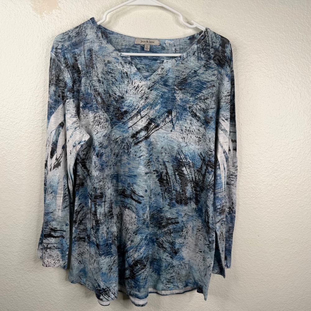 Jess and Jane Top Tunic Blue L Rhinestones Boho Coastal Lagenlook